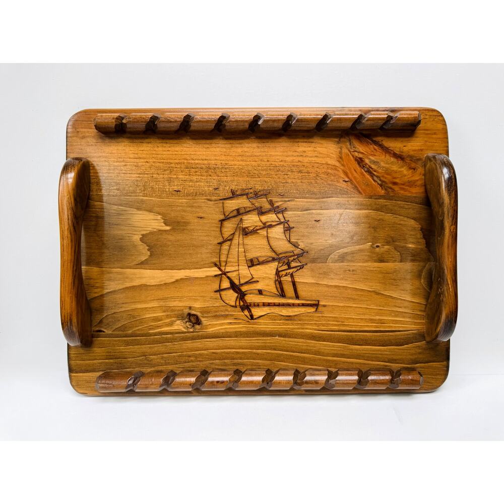 Vintage Handcrafted Wood Bar Tray with Pyrography Sailing Ship